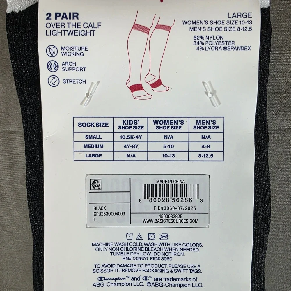 Champion Soccer Socks 2 Pair Over The Calf Black Lightweight Moisture Wicking L